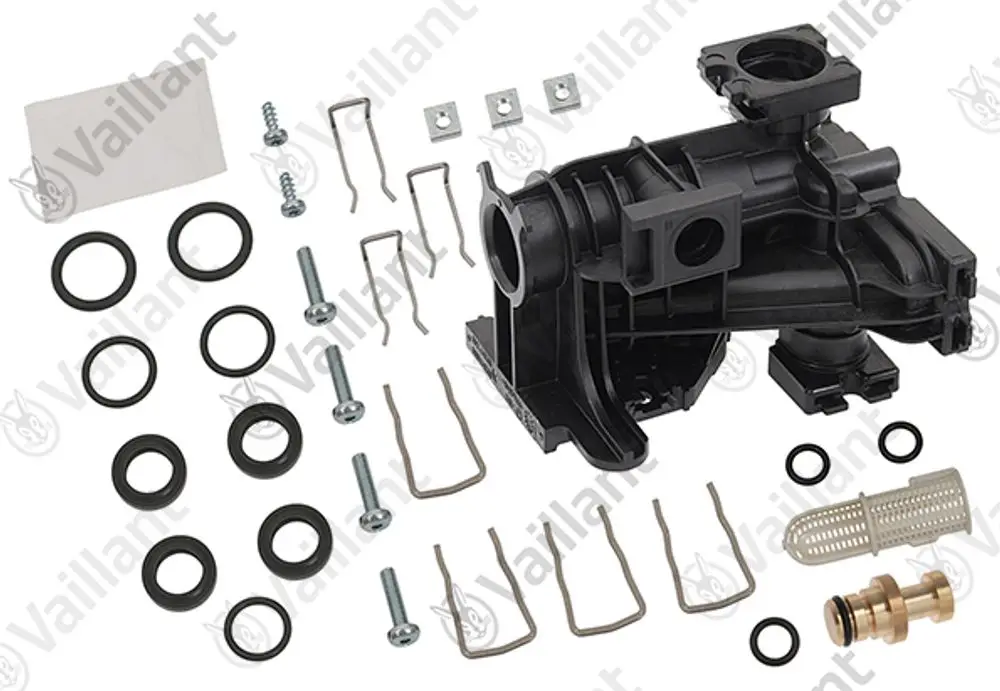 Vaillant Hydroplatte mit verschiedenen Dichtungen, Schrauben und Clips, zur Verwendung in Heizungsanlagen oder ähnlichen Anwendungen.